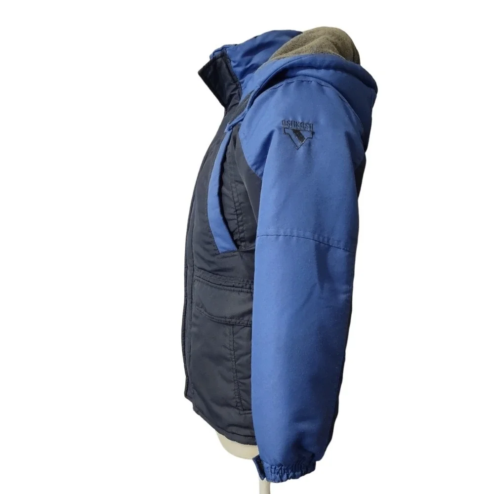 OshKosh Jacket Boys Size 12 Puffer Blue Black Winter Parka Coat Hooded Retro
